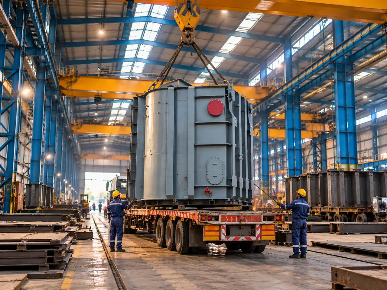 Overhead crane lifting a transformer tank in MK Industries factory bay, Bhopal