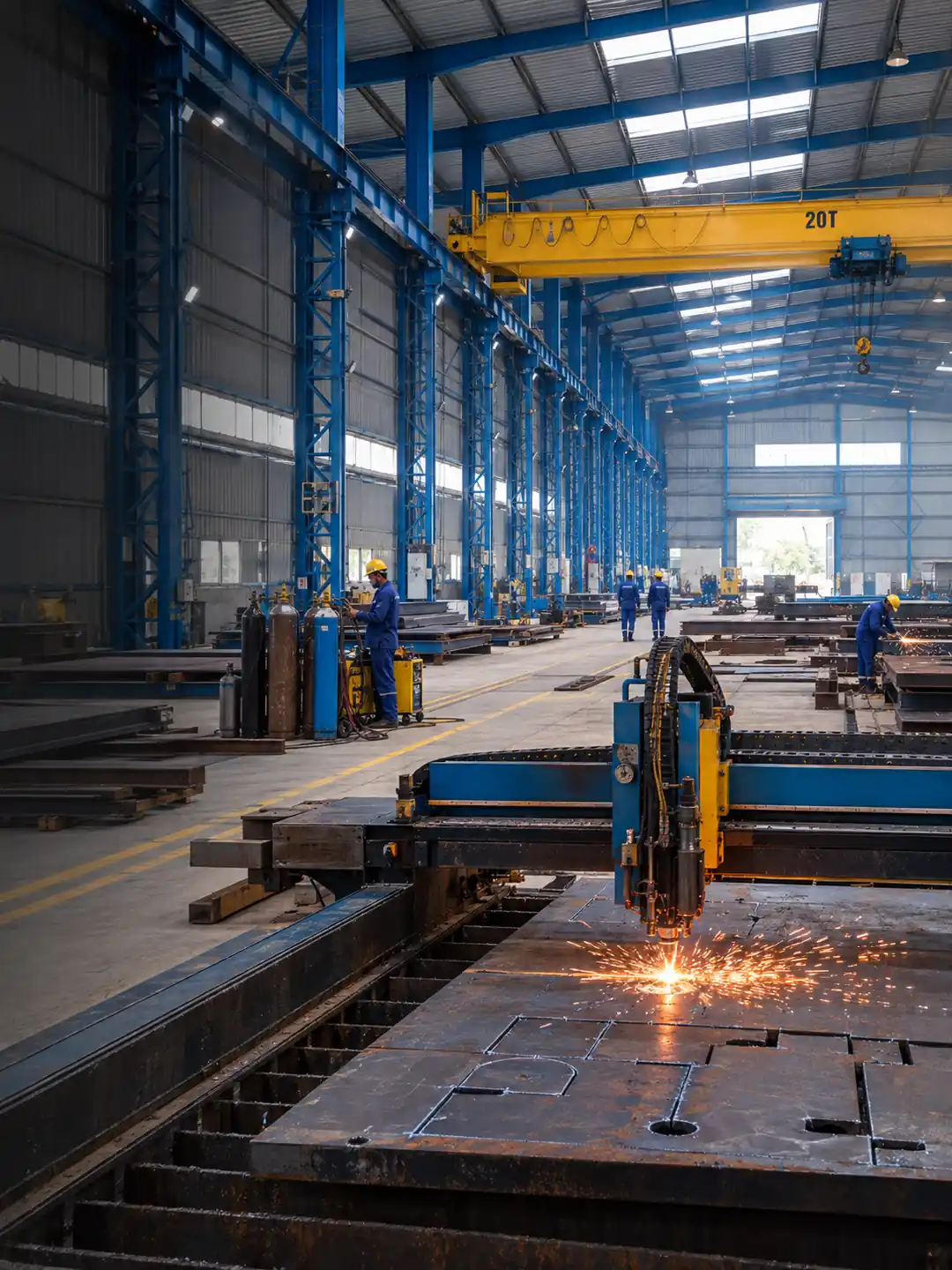 CNC cutting under overhead crane in transformer tank manufacturing works, Bhopal