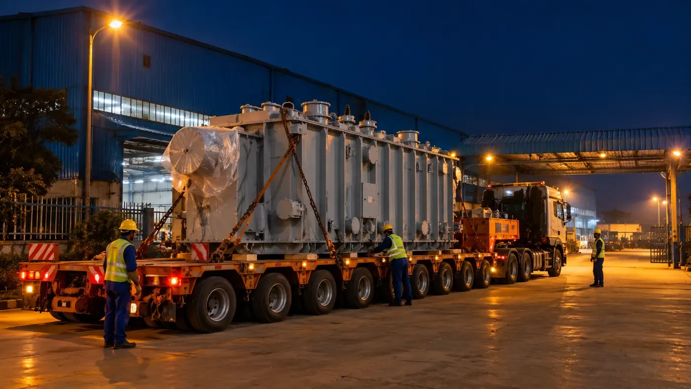 Transformer tank dispatched at night from MK Industries, Bhopal