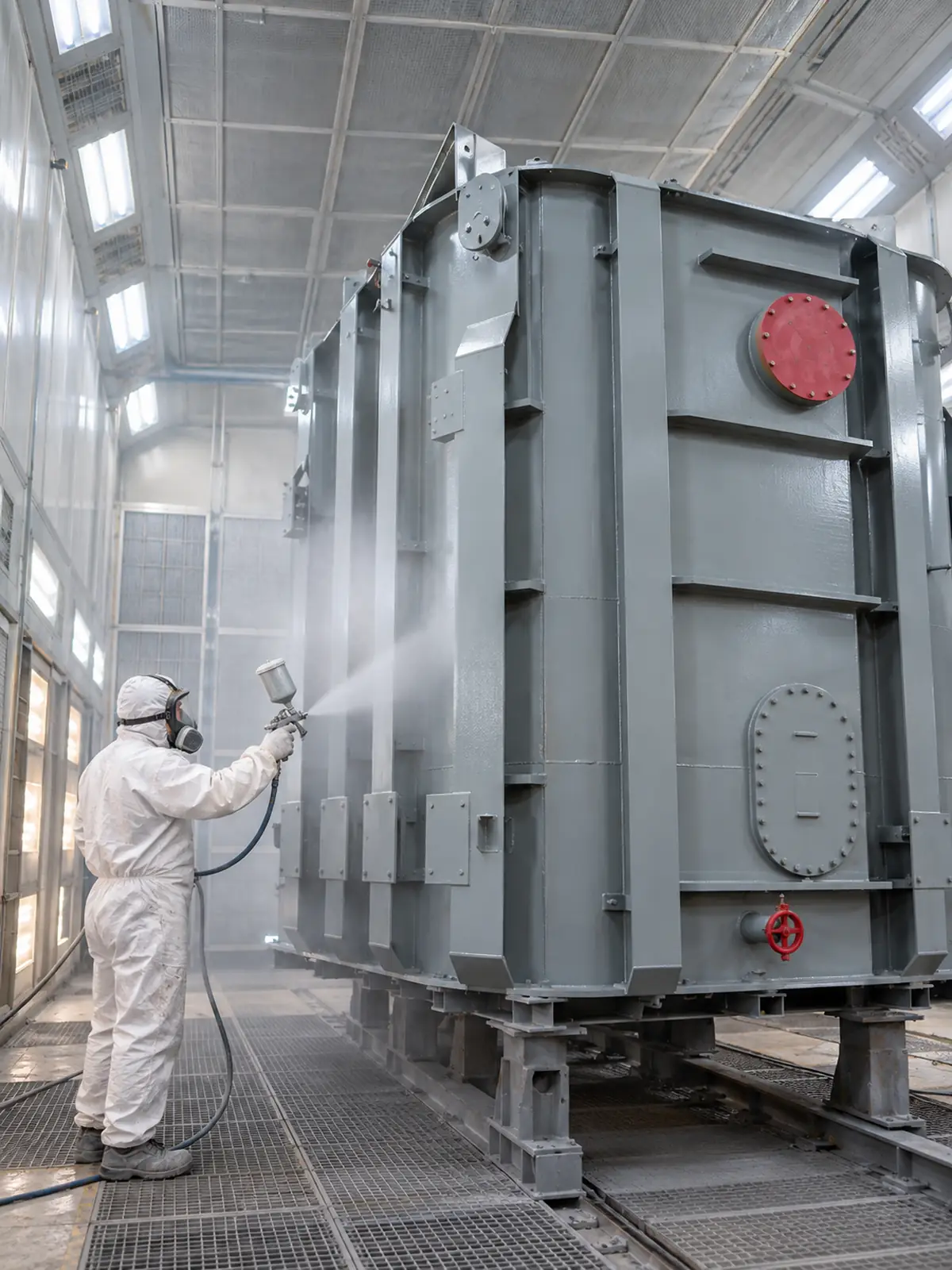 Spray painting a transformer tank in paint booth, MK Industries Bhopal