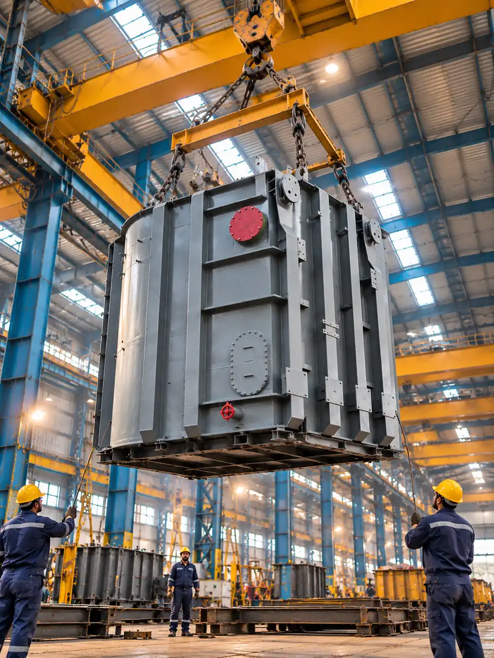 Overhead crane lifting a transformer tank during assembly, Bhopal