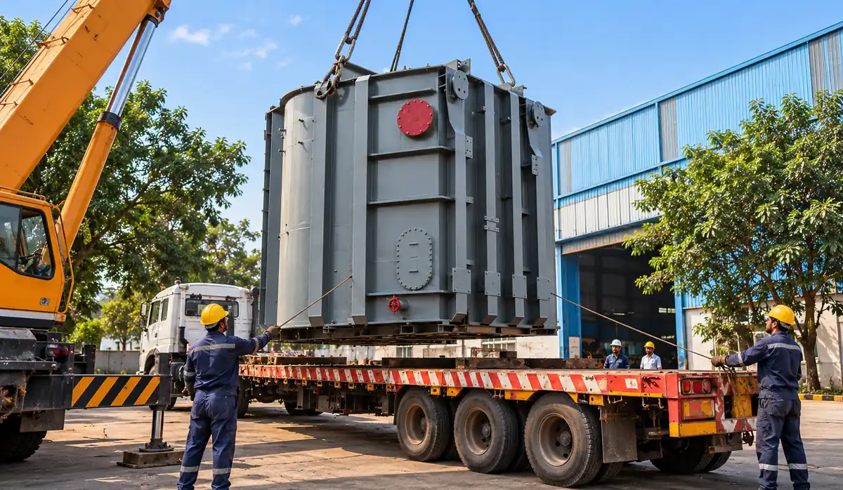 Finished transformer tank loaded on trailer by crane, MK Industries Bhopal