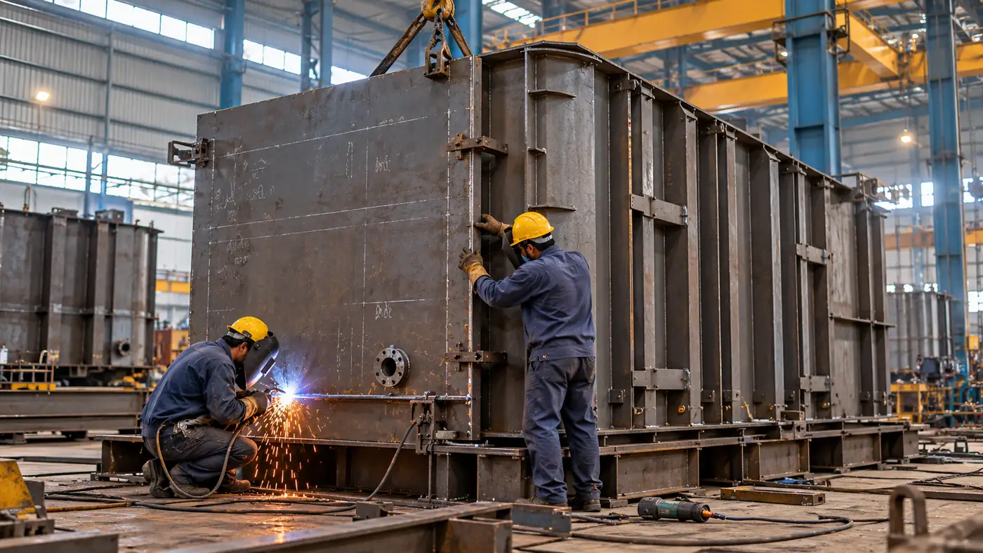 Fabricators welding a transformer tank body in Bhopal works