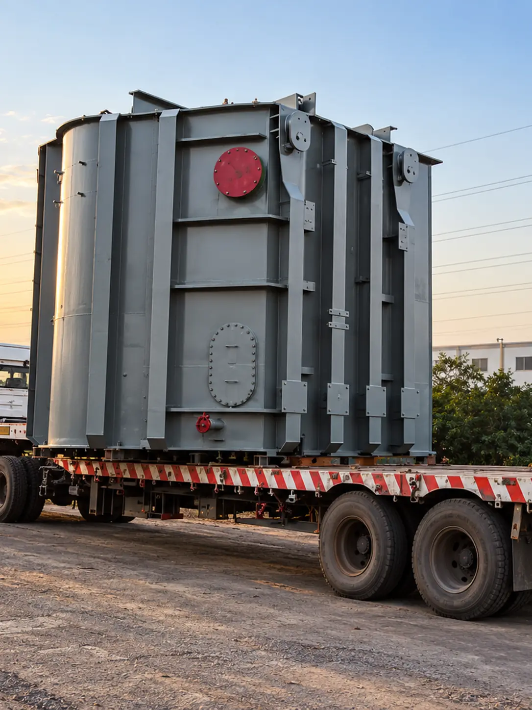 Painted transformer tank loaded on trailer for delivery from Bhopal