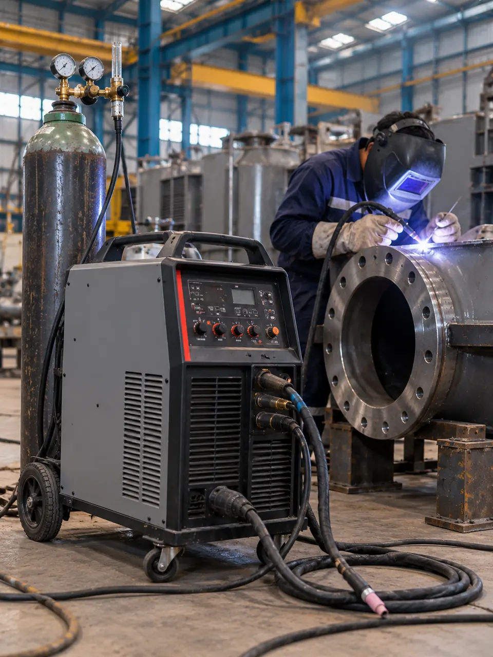 TIG welding machine and welder on a steel flange, MK Industries Bhopal