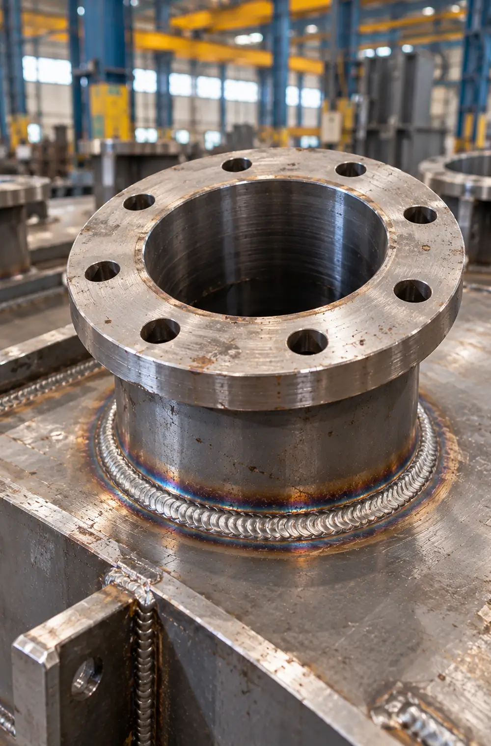 Circular weld on a steel flange nozzle for transformer tank