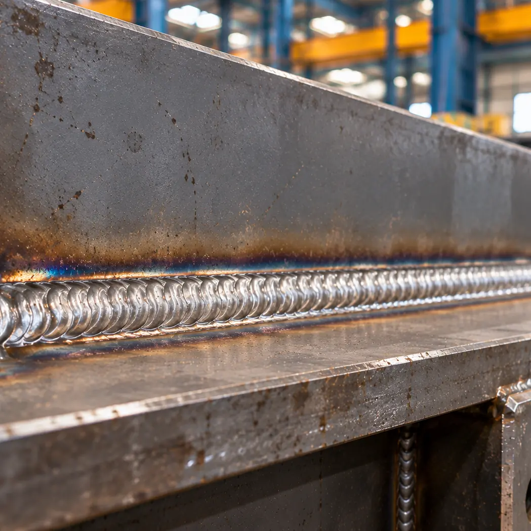 Long straight weld seam on steel plate, transformer tank manufacturing