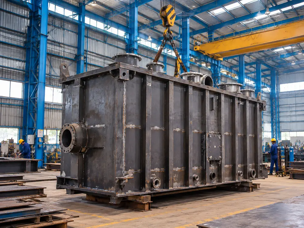 Heavy steel transformer tank body in fabrication workshop, Bhopal
