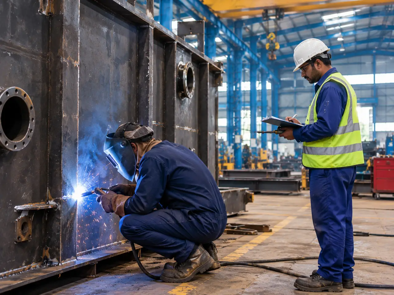 Weld inspection on a transformer tank by quality inspector, Bhopal